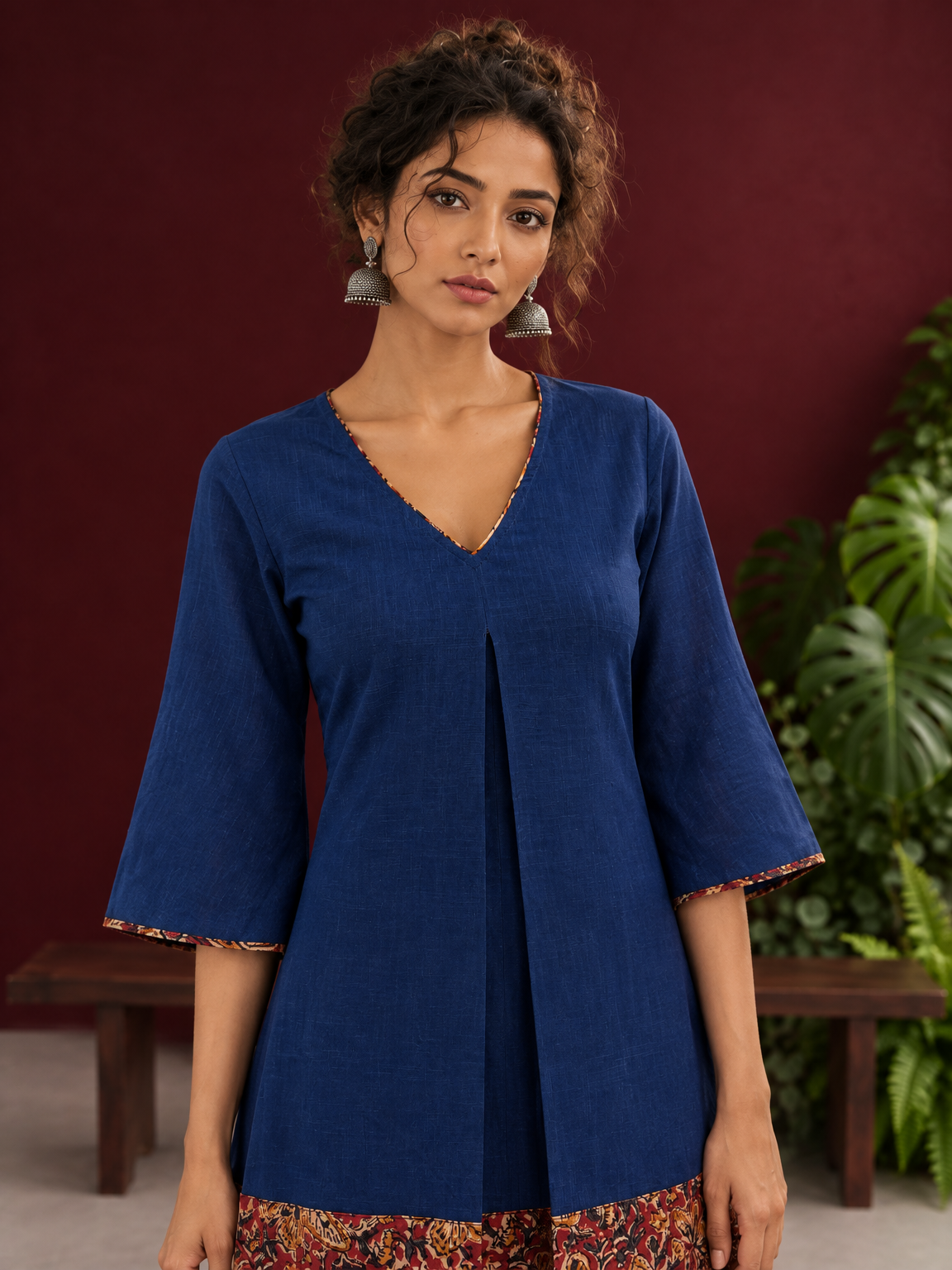Timeless Navy Blue Cotton Dress with Kalamkari Print Hem Border & Contrast Neckline and Cuff Trim — styled view