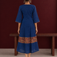 Timeless Navy Blue Cotton Dress with Kalamkari Print Hem Border & Contrast Neckline and Cuff Trim — back view