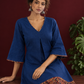 Timeless Navy Blue Cotton Dress with Kalamkari Print Hem Border & Contrast Neckline and Cuff Trim — seated detail