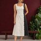 Elegant Off-White Cotton A-Line Dress with Contrast Black Pinstripe Side Panel & Button Detailing — front view