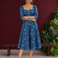 Classic Blue Cotton One Piece Dress with Printed Leaf Motifs & Lace Trim Square Neck — front view