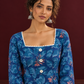 Classic Blue Cotton One Piece Dress with Printed Leaf Motifs & Lace Trim Square Neck — fabric detail