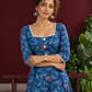 Classic Blue Cotton One Piece Dress with Printed Leaf Motifs & Lace Trim Square Neck — styled view