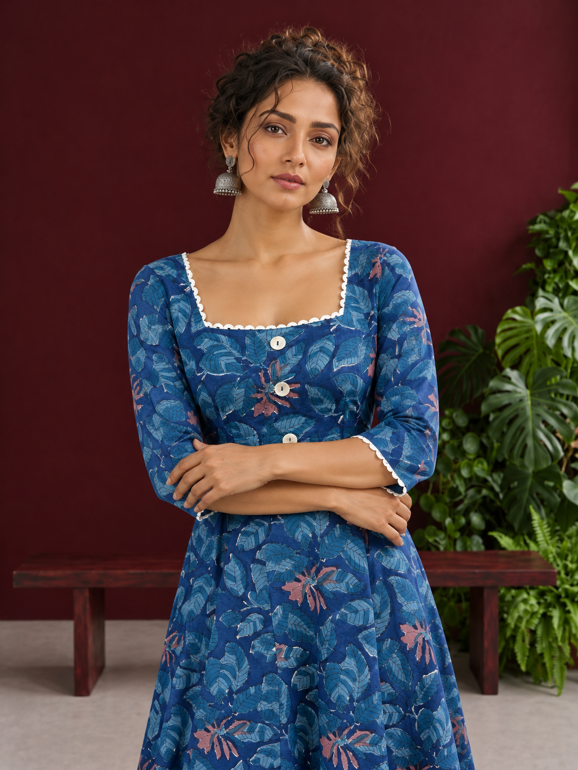 Classic Blue Cotton One Piece Dress with Printed Leaf Motifs & Lace Trim Square Neck — styled view