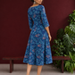 Classic Blue Cotton One Piece Dress with Printed Leaf Motifs & Lace Trim Square Neck — back view