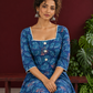 Classic Blue Cotton One Piece Dress with Printed Leaf Motifs & Lace Trim Square Neck — seated detail