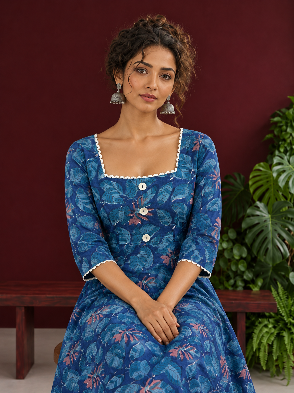 Classic Blue Cotton One Piece Dress with Printed Leaf Motifs & Lace Trim Square Neck — seated detail