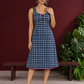 Indigo Blue Cotton One Piece Dress with Contrast Maroon Piping & Button Detail — front view