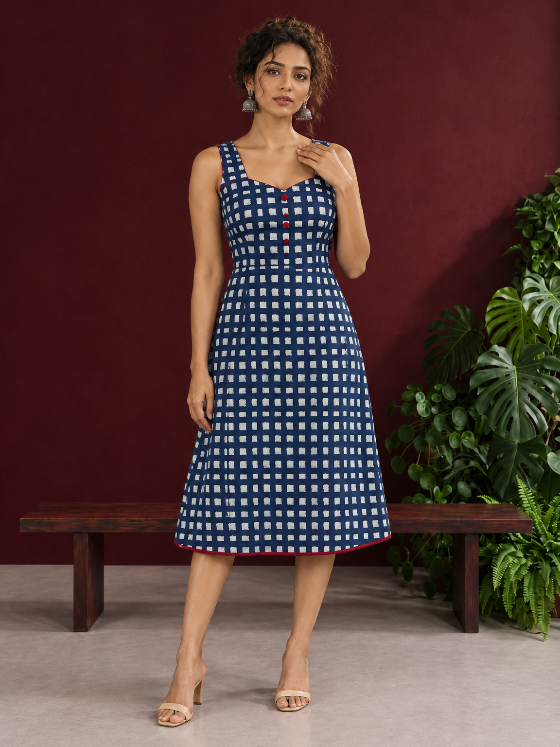 Indigo Blue Cotton One Piece Dress with Contrast Maroon Piping & Button Detail — front view