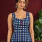 Indigo Blue Cotton One Piece Dress with Contrast Maroon Piping & Button Detail — styled view