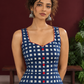 Indigo Blue Cotton One Piece Dress with Contrast Maroon Piping & Button Detail — fabric detail
