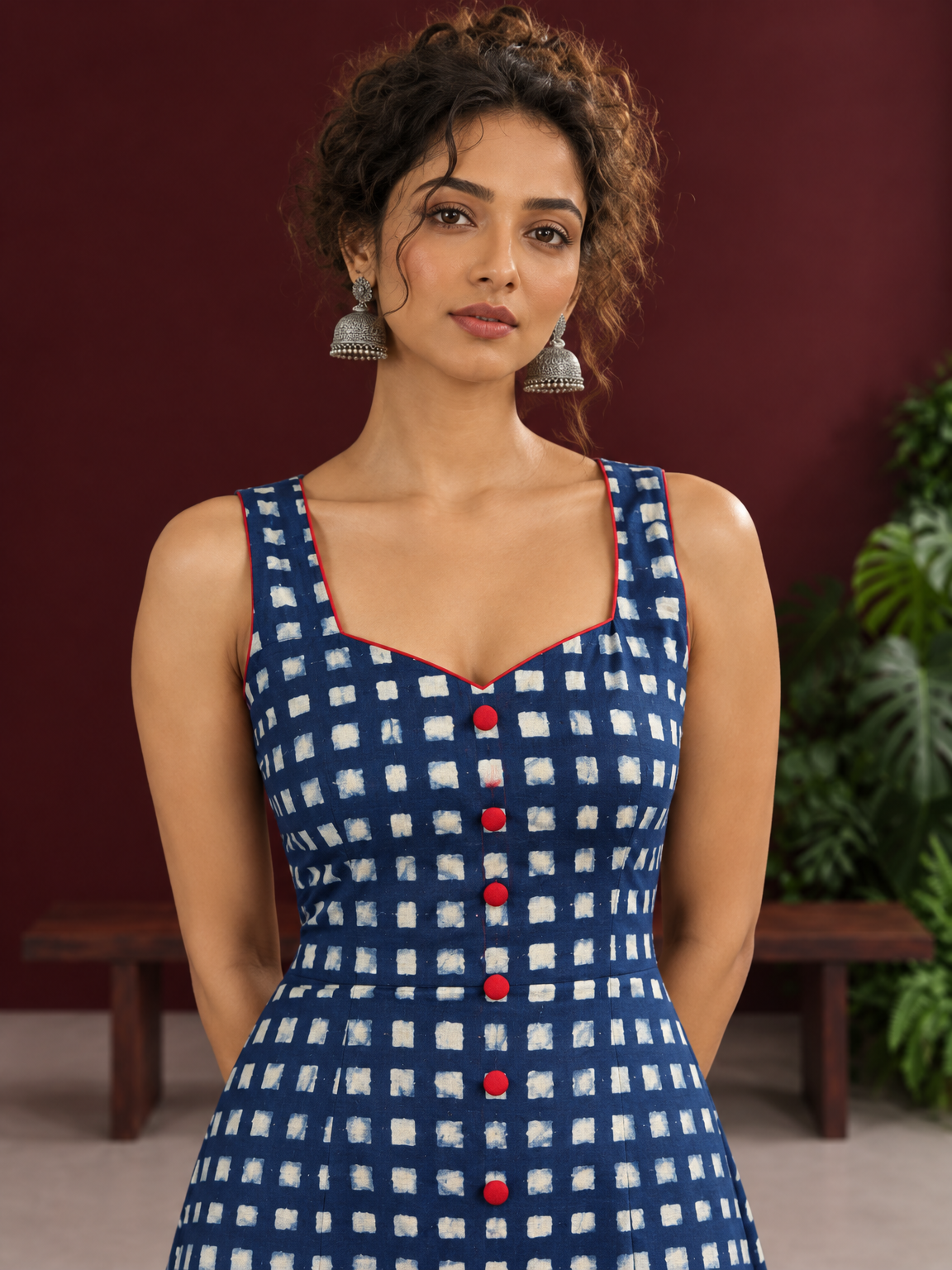 Indigo Blue Cotton One Piece Dress with Contrast Maroon Piping & Button Detail — fabric detail