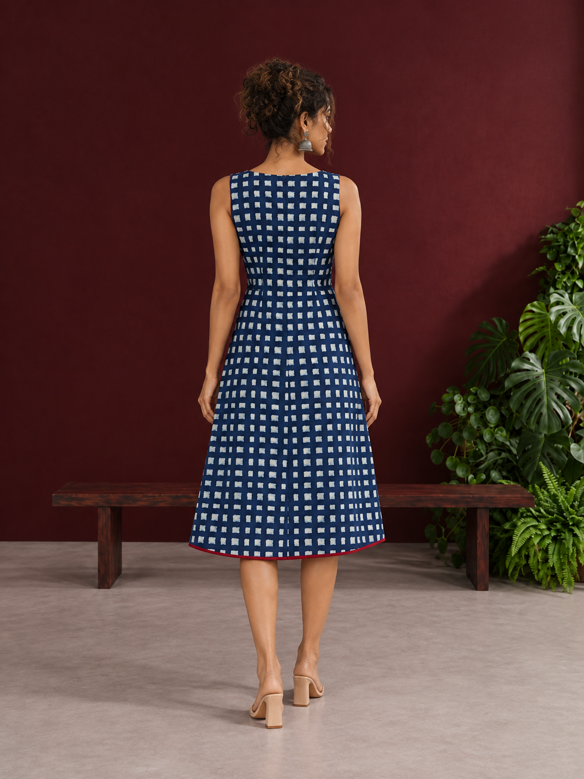 Indigo Blue Cotton One Piece Dress with Contrast Maroon Piping & Button Detail — back view