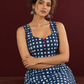 Indigo Blue Cotton One Piece Dress with Contrast Maroon Piping & Button Detail — seated detail