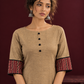 Timeless Beige Cotton A-Line Dress with Maroon Zigzag Print Sleeve Cuffs & Hem Border — fabric detail