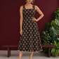Classic Black Ajrakh Cotton Sleeveless Dress with Floral Print and Maroon Piping Square Neckline — front view