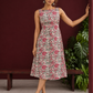 Elegant White Cotton Floral Print A-Line Dress with Maroon Piping and Button Detailing — front view