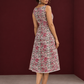 Elegant White Cotton Floral Print A-Line Dress with Maroon Piping and Button Detailing — back view