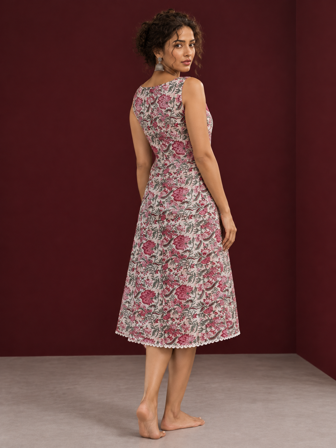 Elegant White Cotton Floral Print A-Line Dress with Maroon Piping and Button Detailing — back view