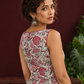 Elegant White Cotton Floral Print A-Line Dress with Maroon Piping and Button Detailing — fabric detail