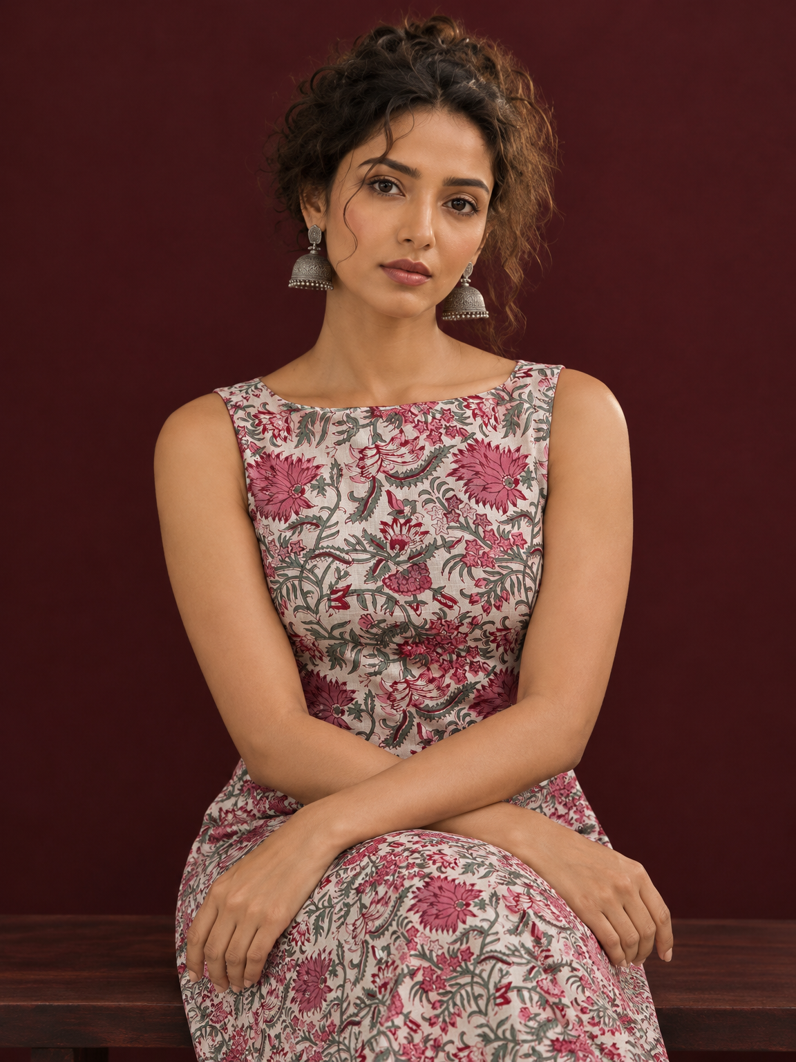 Elegant White Cotton Floral Print A-Line Dress with Maroon Piping and Button Detailing — seated detail