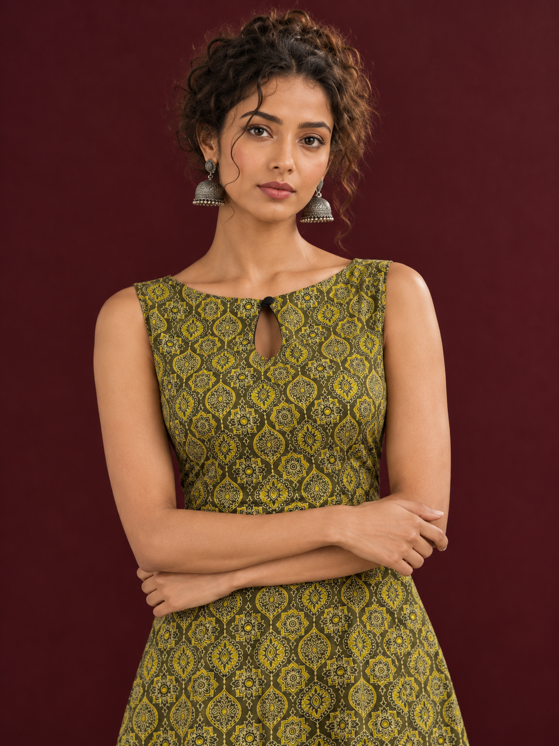 Olive Green Cotton A-Line Dress with Mustard Yellow Ajrakh Print and Keyhole Neckline — styled view