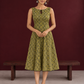 Olive Green Cotton A-Line Dress with Mustard Yellow Ajrakh Print and Keyhole Neckline — front view