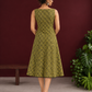 Olive Green Cotton A-Line Dress with Mustard Yellow Ajrakh Print and Keyhole Neckline — back view