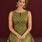 Olive Green Cotton A-Line Dress with Mustard Yellow Ajrakh Print and Keyhole Neckline — seated detail