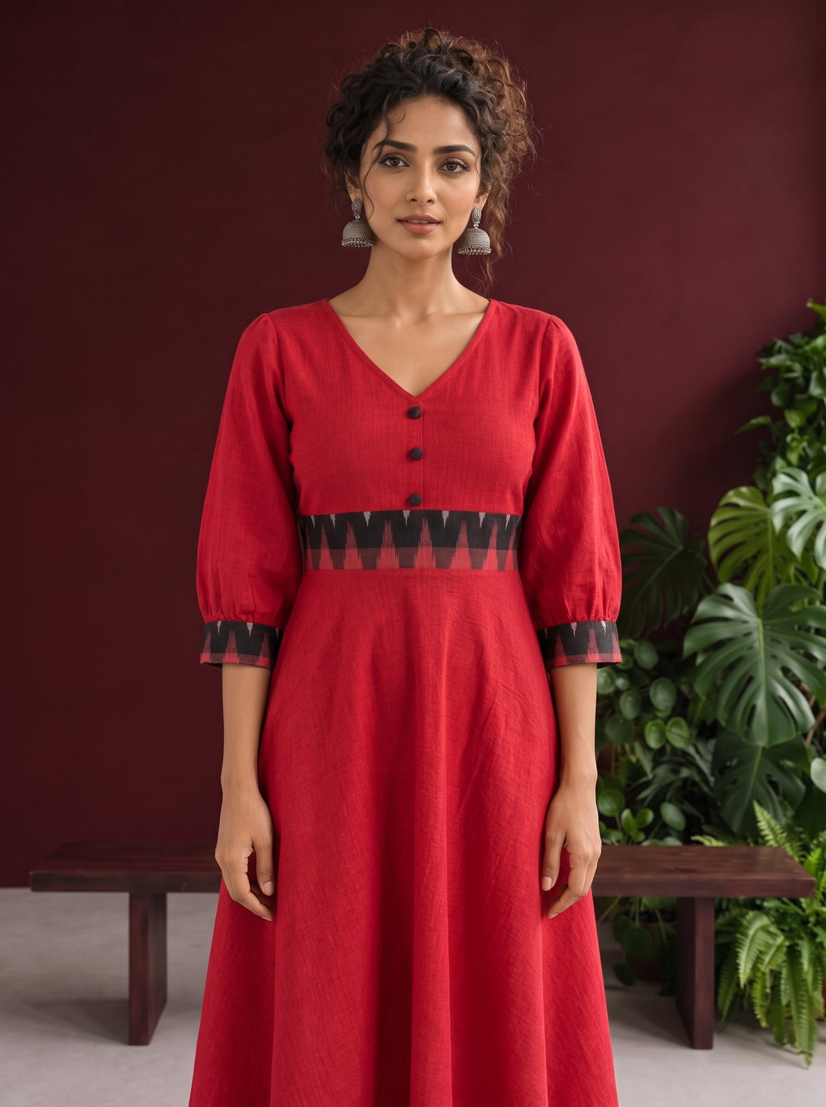 Vibrant Red Cotton Fit & Flare Dress with Contrast Black Ikat Waistband & Matching Cuffs — styled view
