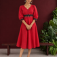 Vibrant Red Cotton Fit & Flare Dress with Contrast Black Ikat Waistband & Matching Cuffs — front view