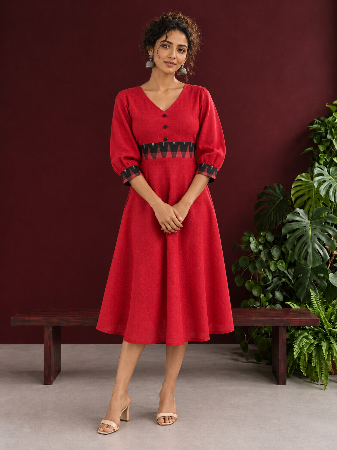 Vibrant Red Cotton Fit & Flare Dress with Contrast Black Ikat Waistband & Matching Cuffs — front view