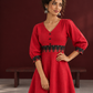 Vibrant Red Cotton Fit & Flare Dress with Contrast Black Ikat Waistband & Matching Cuffs — fabric detail