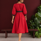 Vibrant Red Cotton Fit & Flare Dress with Contrast Black Ikat Waistband & Matching Cuffs — back view