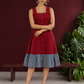 Maroon Cotton Sleeveless Dress with Contrast Chevron Print Indigo Hem Panel and Square Neckline — front view