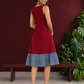 Maroon Cotton Sleeveless Dress with Contrast Chevron Print Indigo Hem Panel and Square Neckline — back view