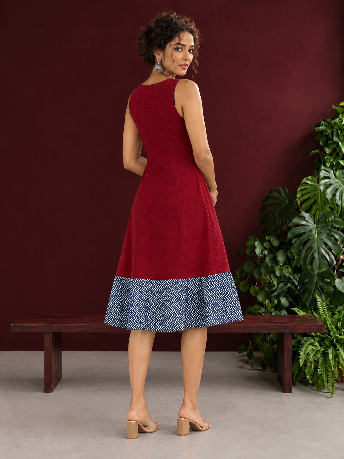 Maroon Cotton Sleeveless Dress with Contrast Chevron Print Indigo Hem Panel and Square Neckline — back view