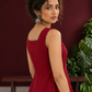 Maroon Cotton Sleeveless Dress with Contrast Chevron Print Indigo Hem Panel and Square Neckline — fabric detail