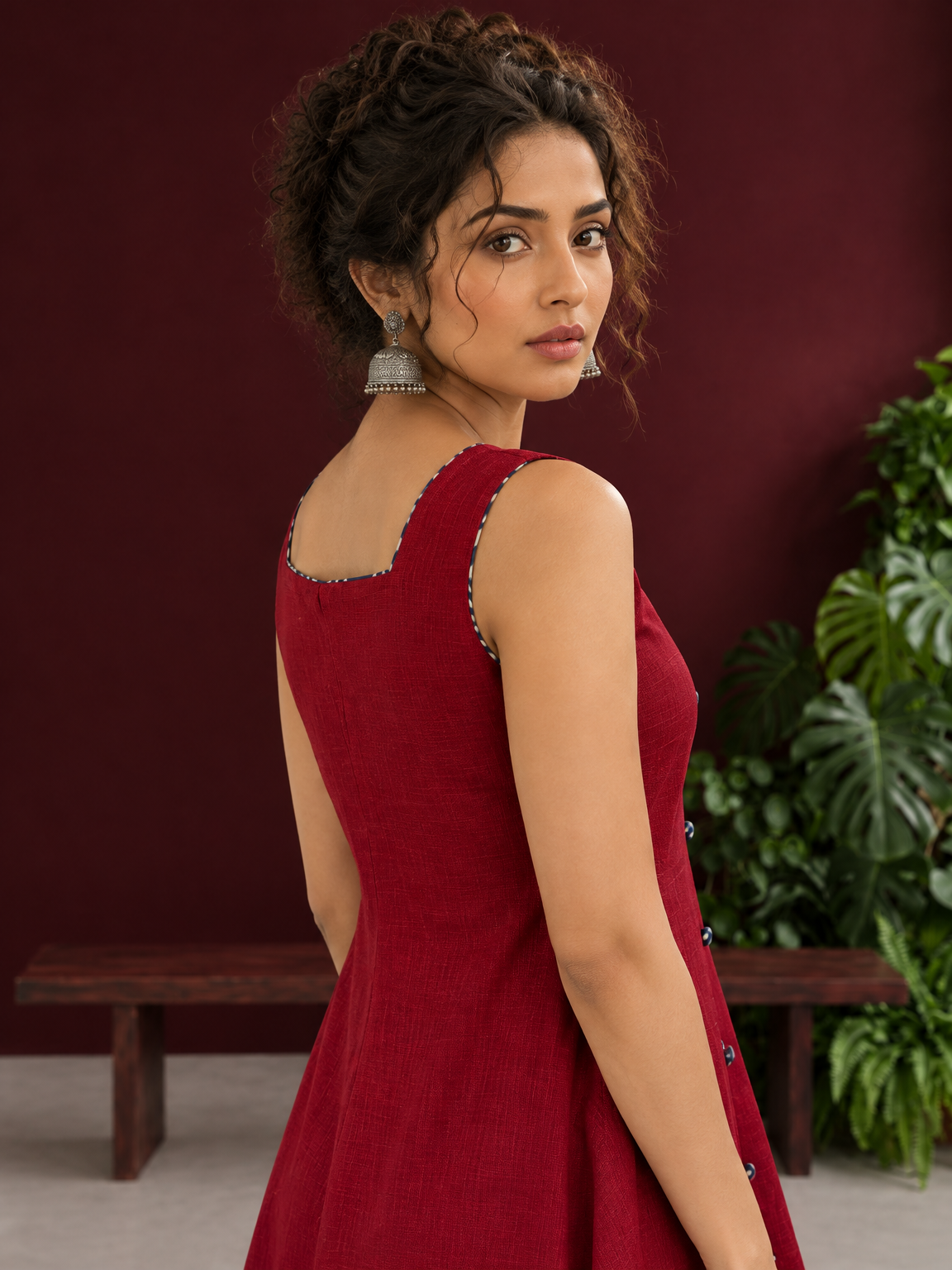 Maroon Cotton Sleeveless Dress with Contrast Chevron Print Indigo Hem Panel and Square Neckline — fabric detail