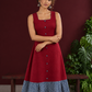 Maroon Cotton Sleeveless Dress with Contrast Chevron Print Indigo Hem Panel and Square Neckline — styled view