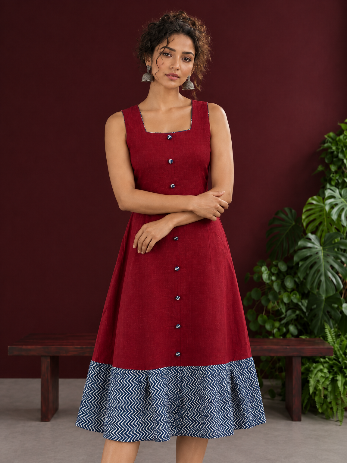 Maroon Cotton Sleeveless Dress with Contrast Chevron Print Indigo Hem Panel and Square Neckline — styled view