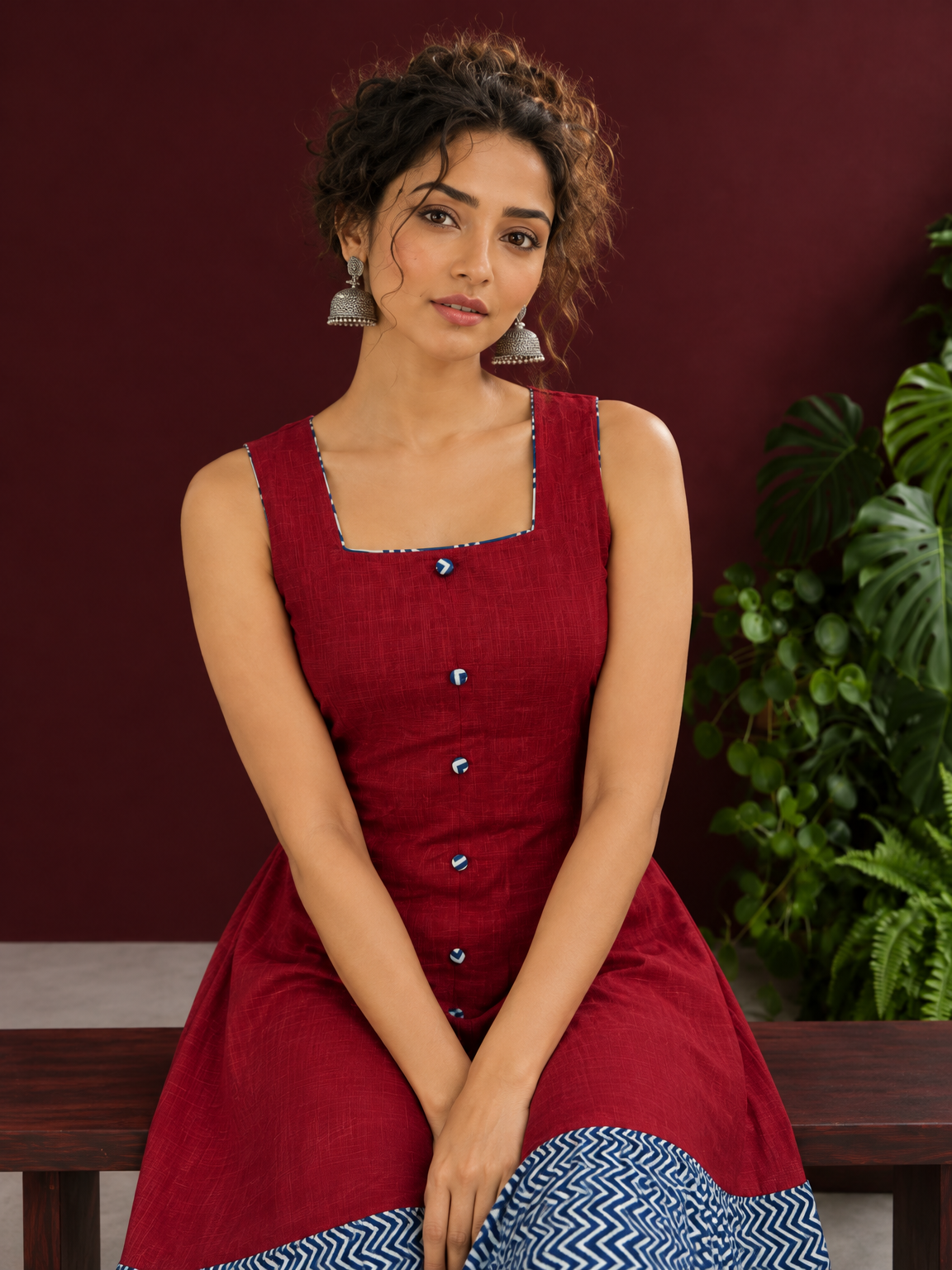 Maroon Cotton Sleeveless Dress with Contrast Chevron Print Indigo Hem Panel and Square Neckline — seated detail