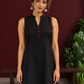 Timeless Black Cotton Sleeveless One Piece Dress with Mandarin Collar & Contrast Ajrakh Striped Hemline Panel — styled view
