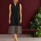 Timeless Black Cotton Sleeveless One Piece Dress with Mandarin Collar & Contrast Ajrakh Striped Hemline Panel — front view