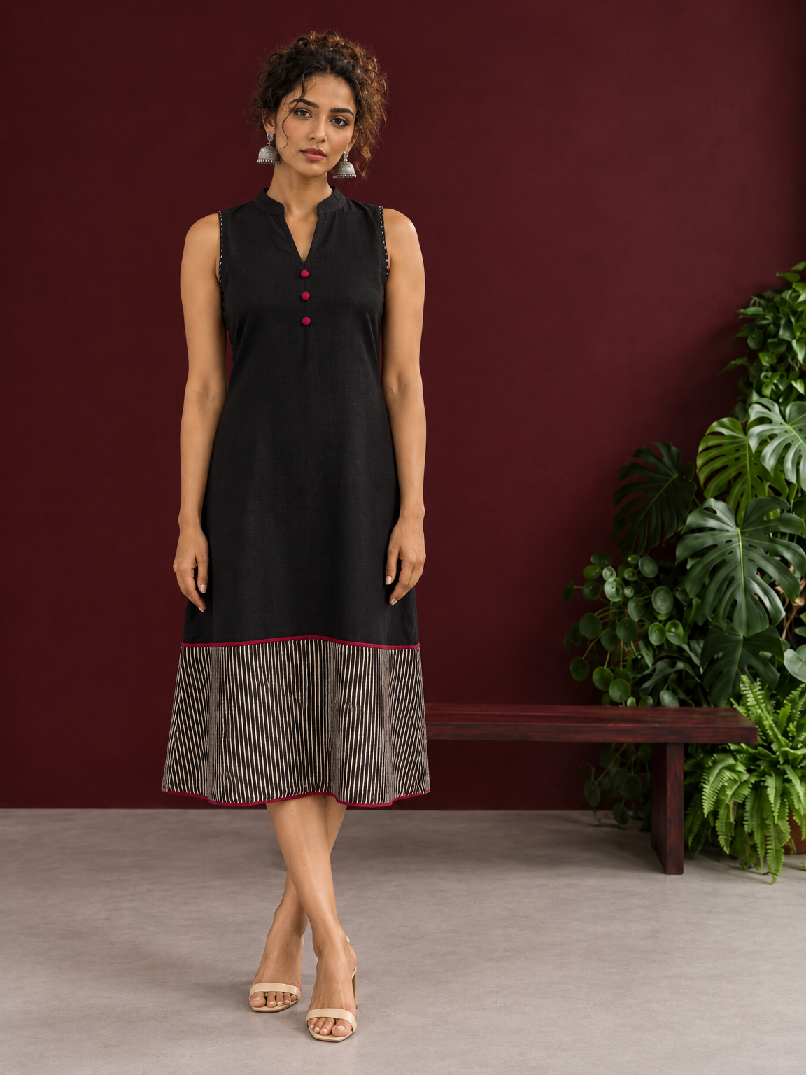 Timeless Black Cotton Sleeveless One Piece Dress with Mandarin Collar & Contrast Ajrakh Striped Hemline Panel — front view