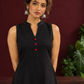 Timeless Black Cotton Sleeveless One Piece Dress with Mandarin Collar & Contrast Ajrakh Striped Hemline Panel — fabric detail