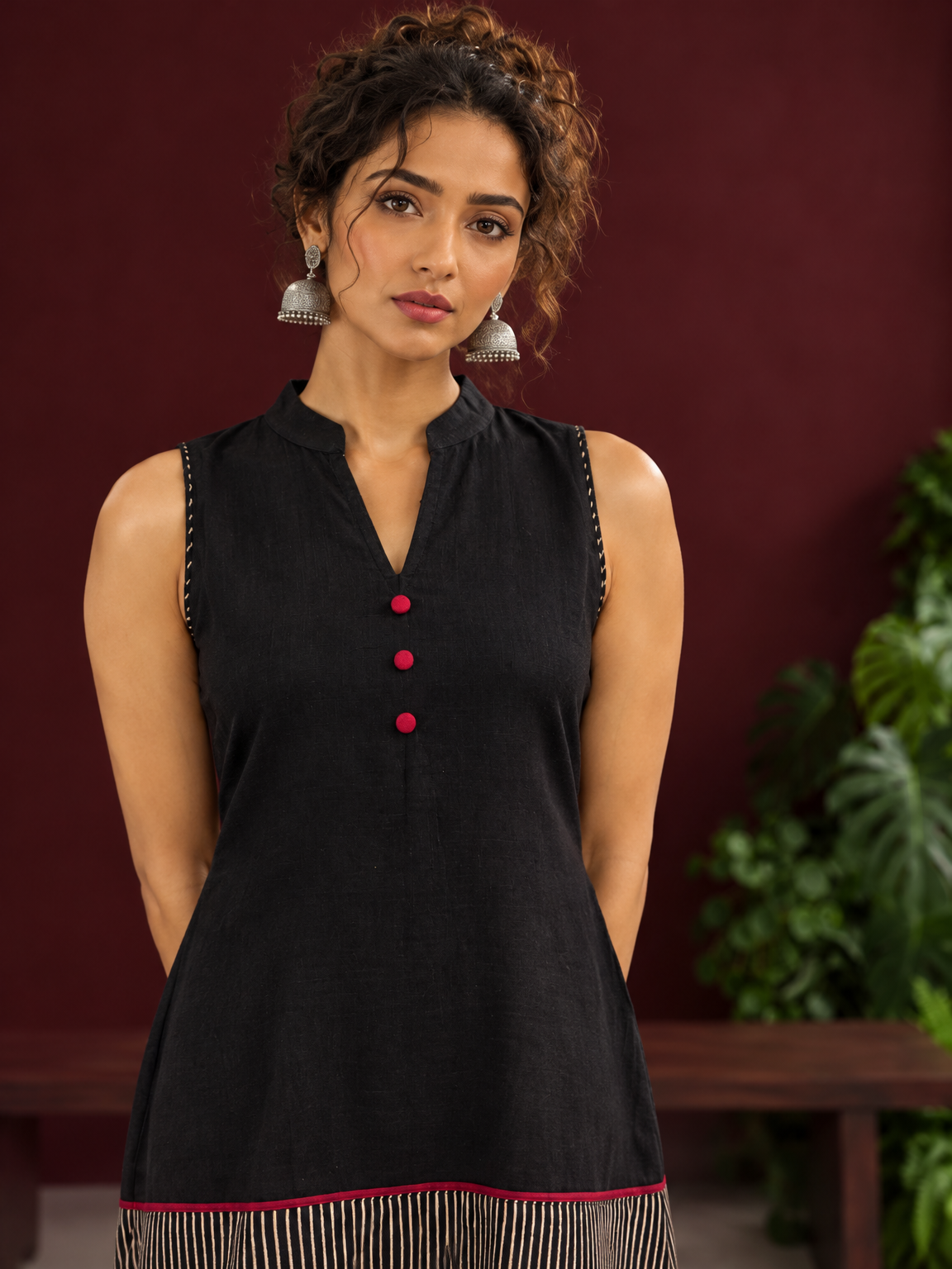 Timeless Black Cotton Sleeveless One Piece Dress with Mandarin Collar & Contrast Ajrakh Striped Hemline Panel — fabric detail