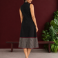 Timeless Black Cotton Sleeveless One Piece Dress with Mandarin Collar & Contrast Ajrakh Striped Hemline Panel — back view