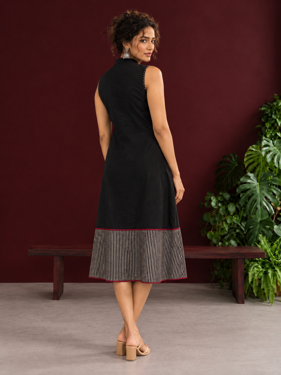 Timeless Black Cotton Sleeveless One Piece Dress with Mandarin Collar & Contrast Ajrakh Striped Hemline Panel — back view