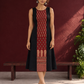 Timeless Black Cotton A-Line Dress with Maroon Ajrakh Print Center Panel & Contrast Piping — front view